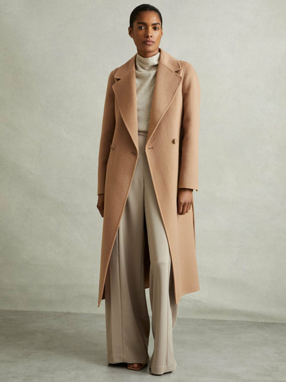 Reiss Best Seller - Wool Blend Double Breasted Blindseam Coat in Light Camel