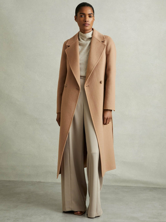Reiss Best Seller - Wool Blend Double Breasted Blindseam Coat in Light Camel
