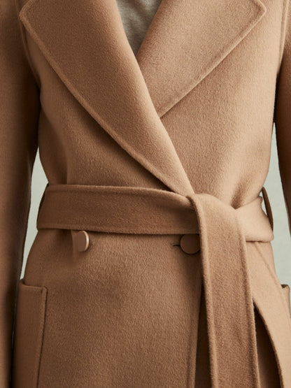 Reiss Best Seller - Wool Blend Double Breasted Blindseam Coat in Light Camel