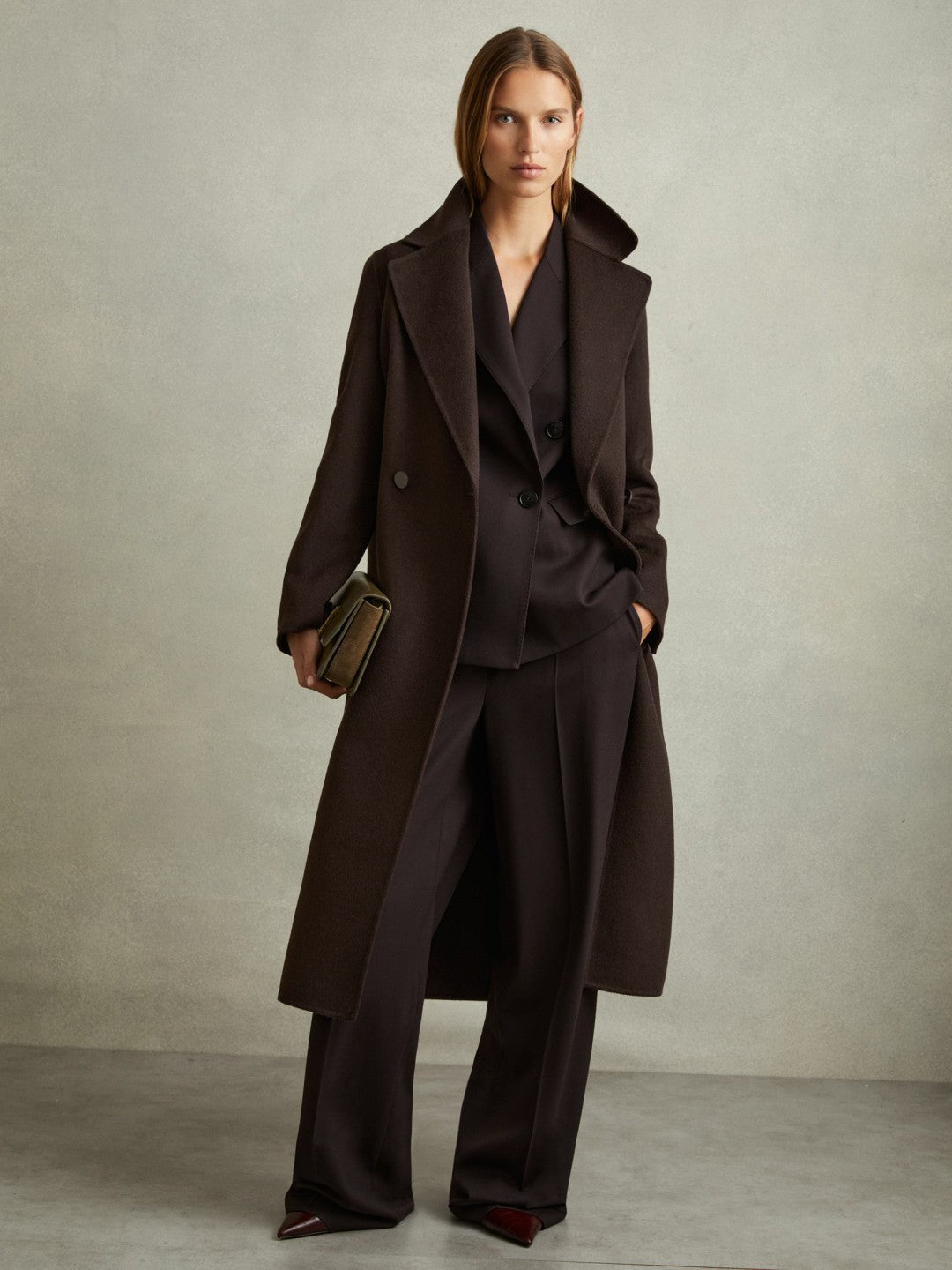 Reiss Popular Choice - Wool Blend Double Breasted Blindseam Coat in Chocolate
