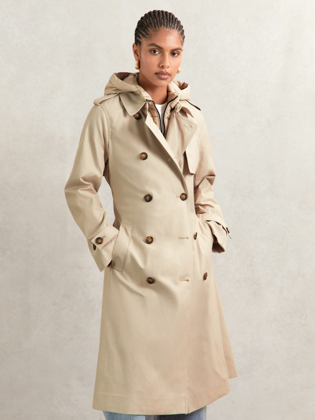 Reiss Hooded Insert Trench Coat in Stone