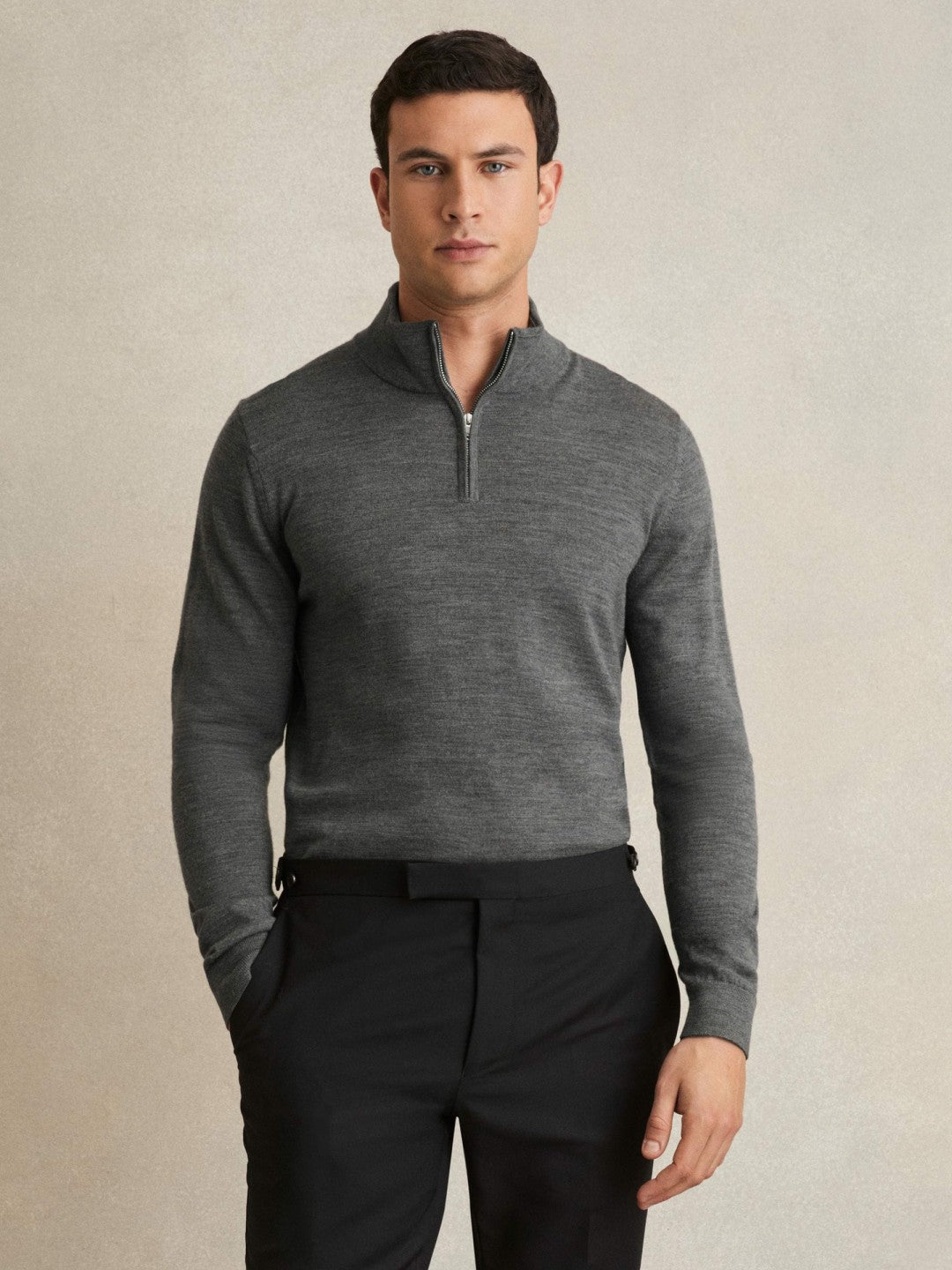 Reiss Value - Merino Wool Half-Zip Jumper in Derby Grey Marl