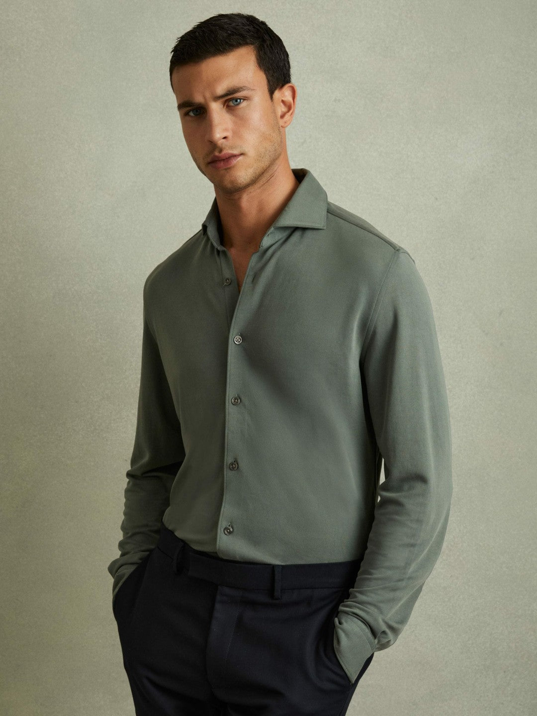 Reiss Best Seller - Modal Blend Cutaway Collar Shirt in Green Smoke