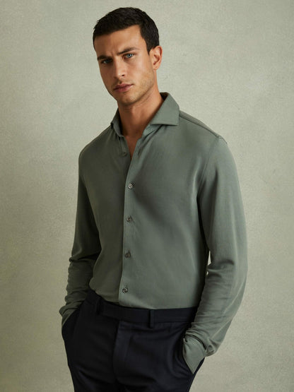 Reiss Best Seller - Modal Blend Cutaway Collar Shirt in Green Smoke