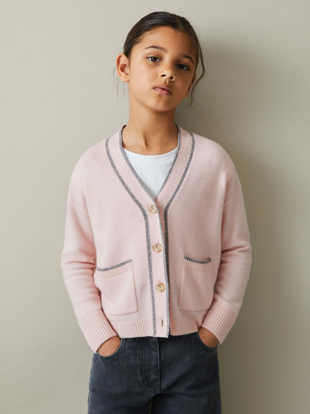 Reiss Best Seller - 9-13 yrs Wool-Blend Stripe-Detail Cardigan With Cashmere in Pink