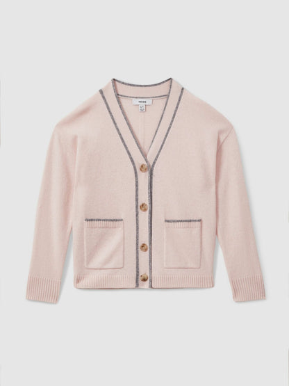 Reiss Best Seller - 9-13 yrs Wool-Blend Stripe-Detail Cardigan With Cashmere in Pink