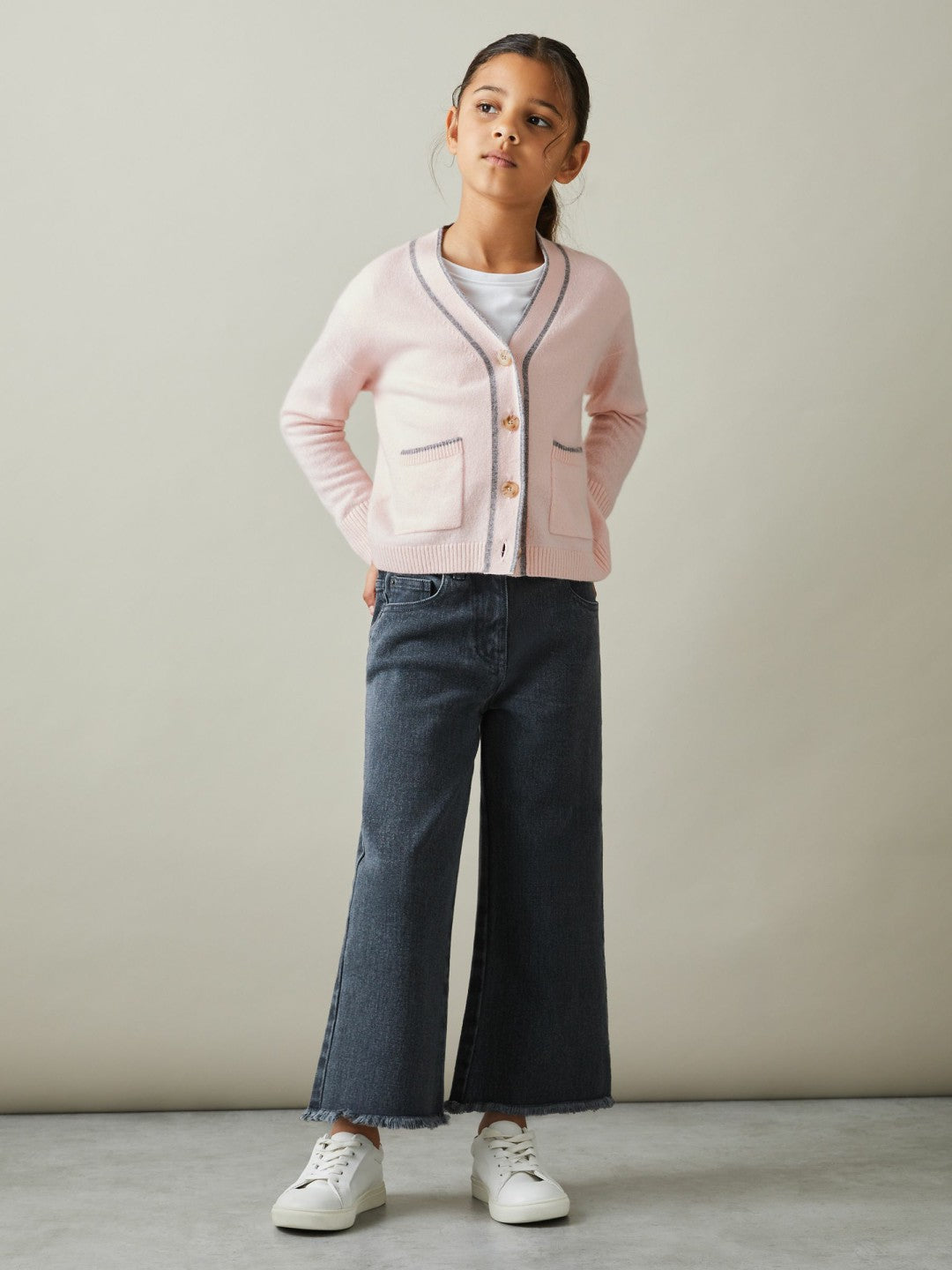 Reiss Best Seller - 9-13 yrs Wool-Blend Stripe-Detail Cardigan With Cashmere in Pink