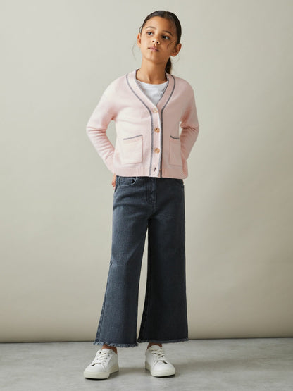 Reiss Best Seller - 9-13 yrs Wool-Blend Stripe-Detail Cardigan With Cashmere in Pink