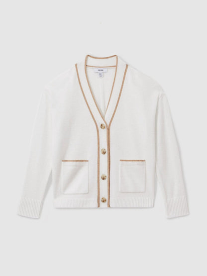 Reiss Popular Choice - 13-14 yrs Wool-Blend Stripe-Detail Cardigan With Cashmere in Cream