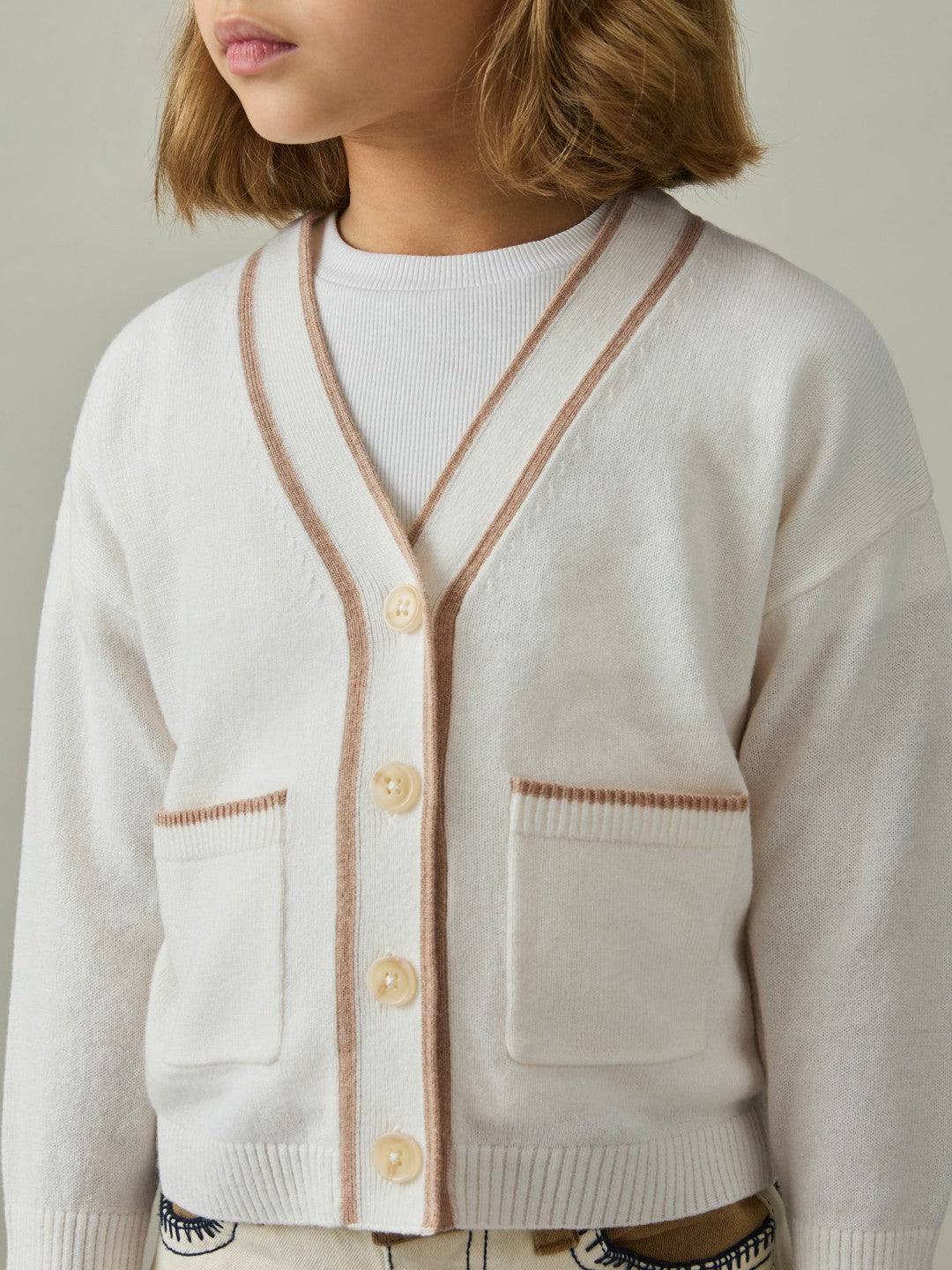 Reiss Popular Choice - 9-13 yrs Wool-Blend Stripe-Detail Cardigan With Cashmere in Cream