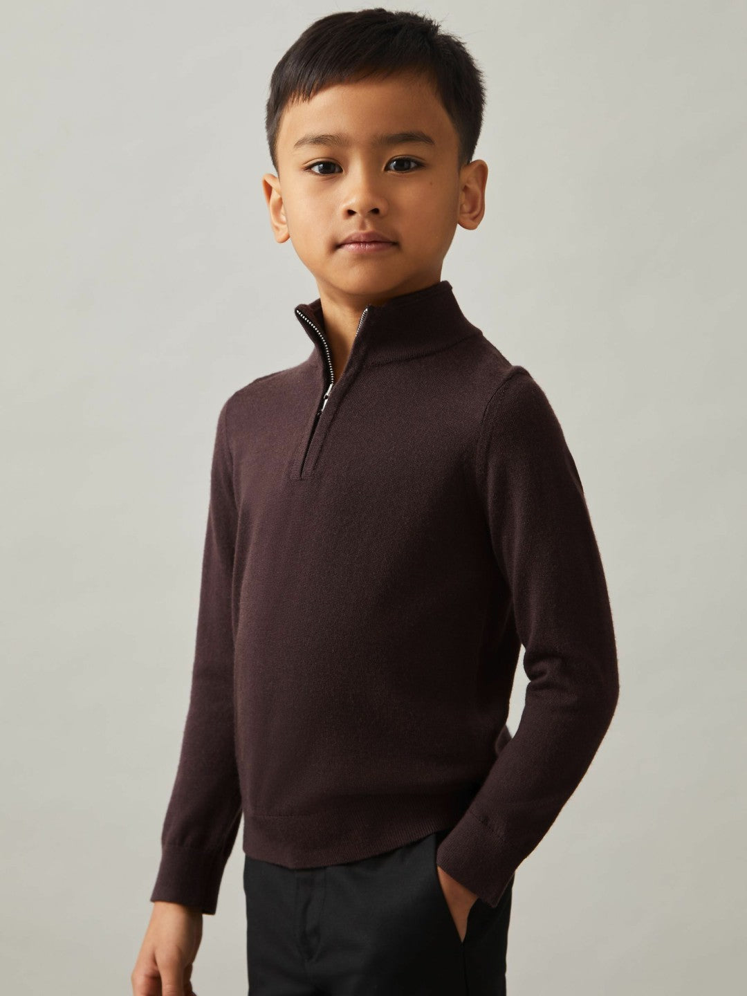 Reiss Value - 3-9 yrs Merino Wool Half-Zip Funnel Neck Jumper in Dark Bordeaux