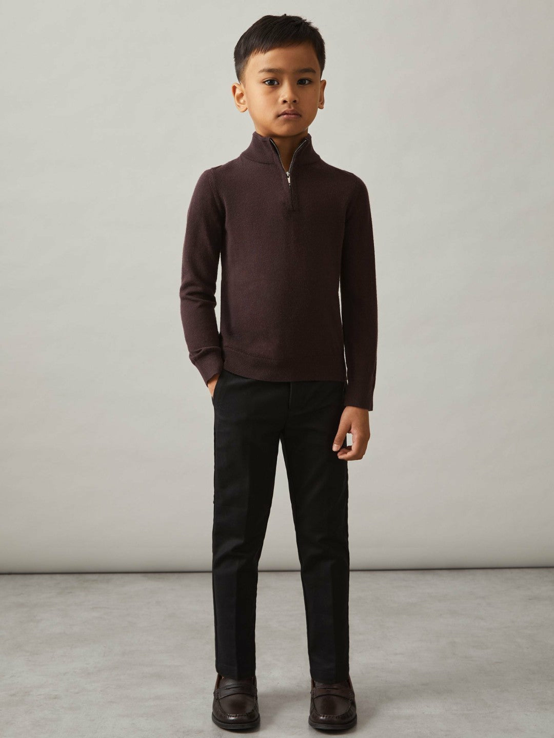 Reiss Value - 3-9 yrs Merino Wool Half-Zip Funnel Neck Jumper in Dark Bordeaux