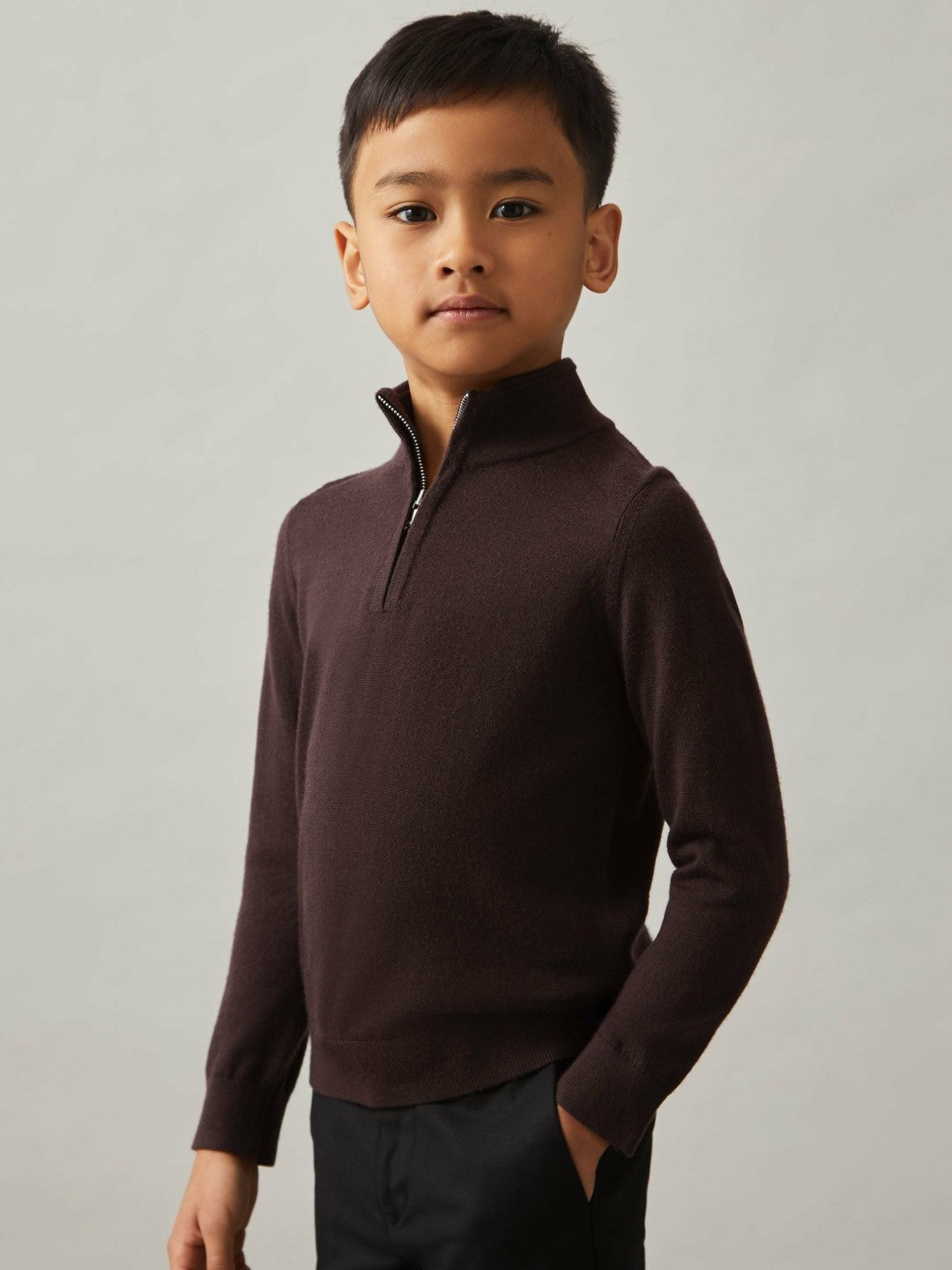 Reiss Deal - 9-13 yrs Merino Wool Half-Zip Funnel Neck Jumper in Dark Bordeaux