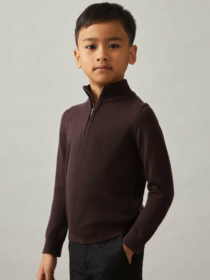 Reiss Deal - 9-13 yrs Merino Wool Half-Zip Funnel Neck Jumper in Dark Bordeaux