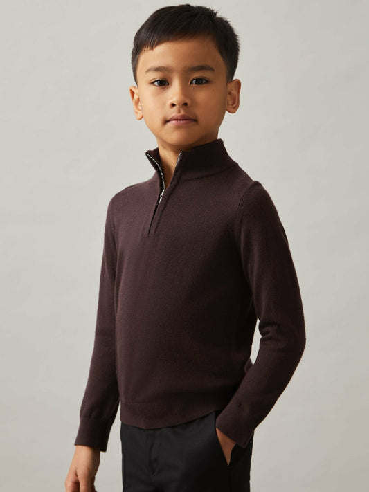 Reiss Deal - 9-13 yrs Merino Wool Half-Zip Funnel Neck Jumper in Dark Bordeaux