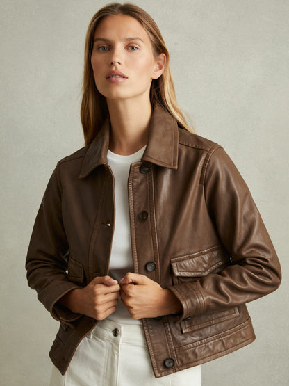 Reiss Affordable - Leather Trucker Jacket in Chocolate