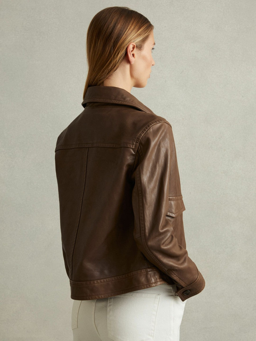 Reiss Affordable - Leather Trucker Jacket in Chocolate