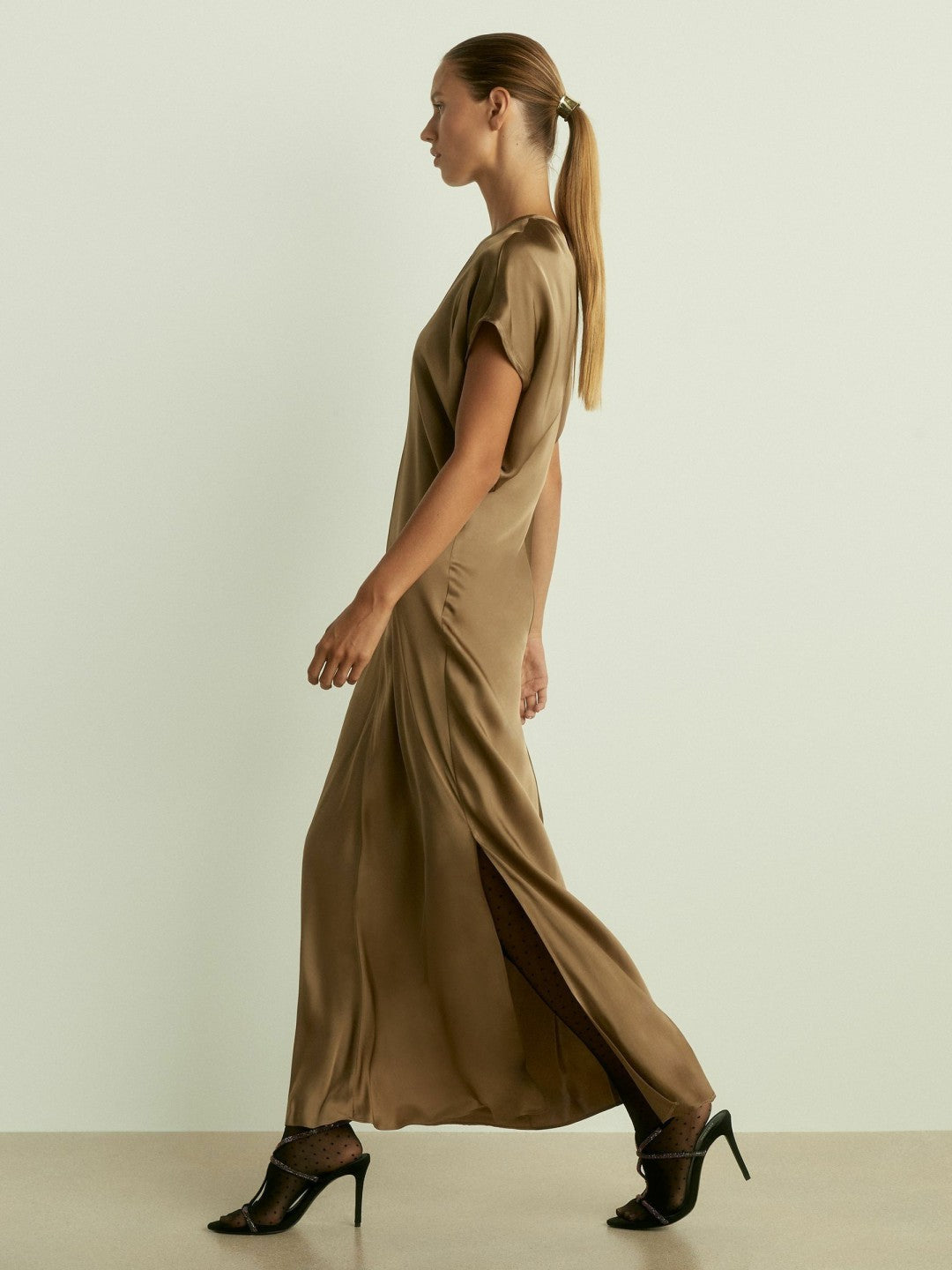 Reiss Satin Short-Sleeve Midi Dress in Khaki