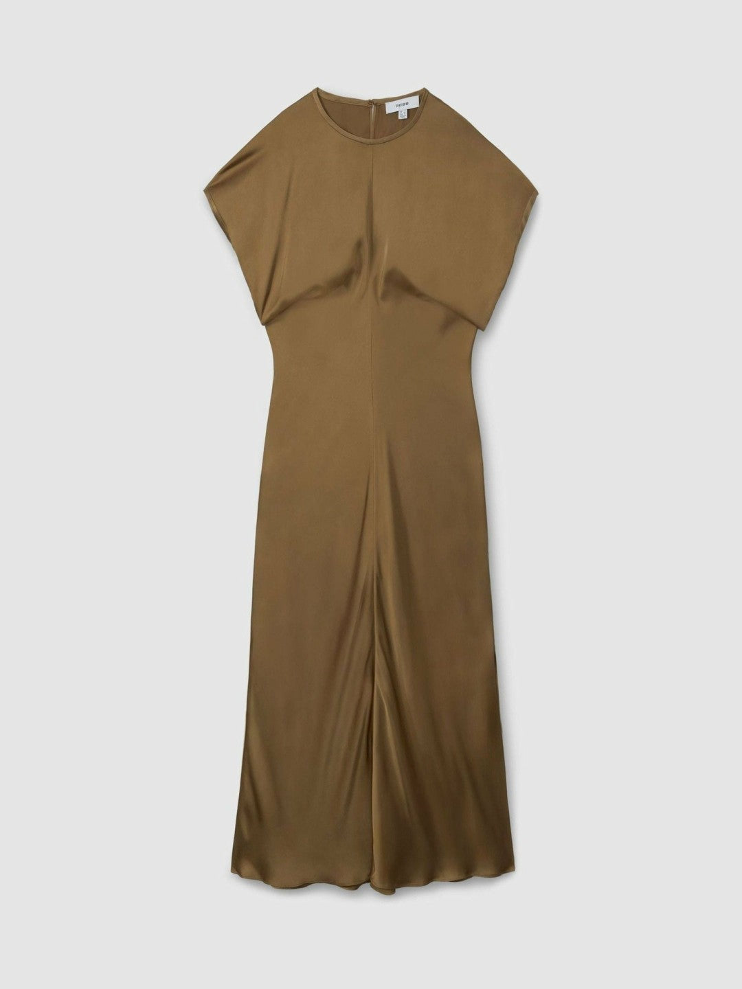 Reiss Satin Short-Sleeve Midi Dress in Khaki