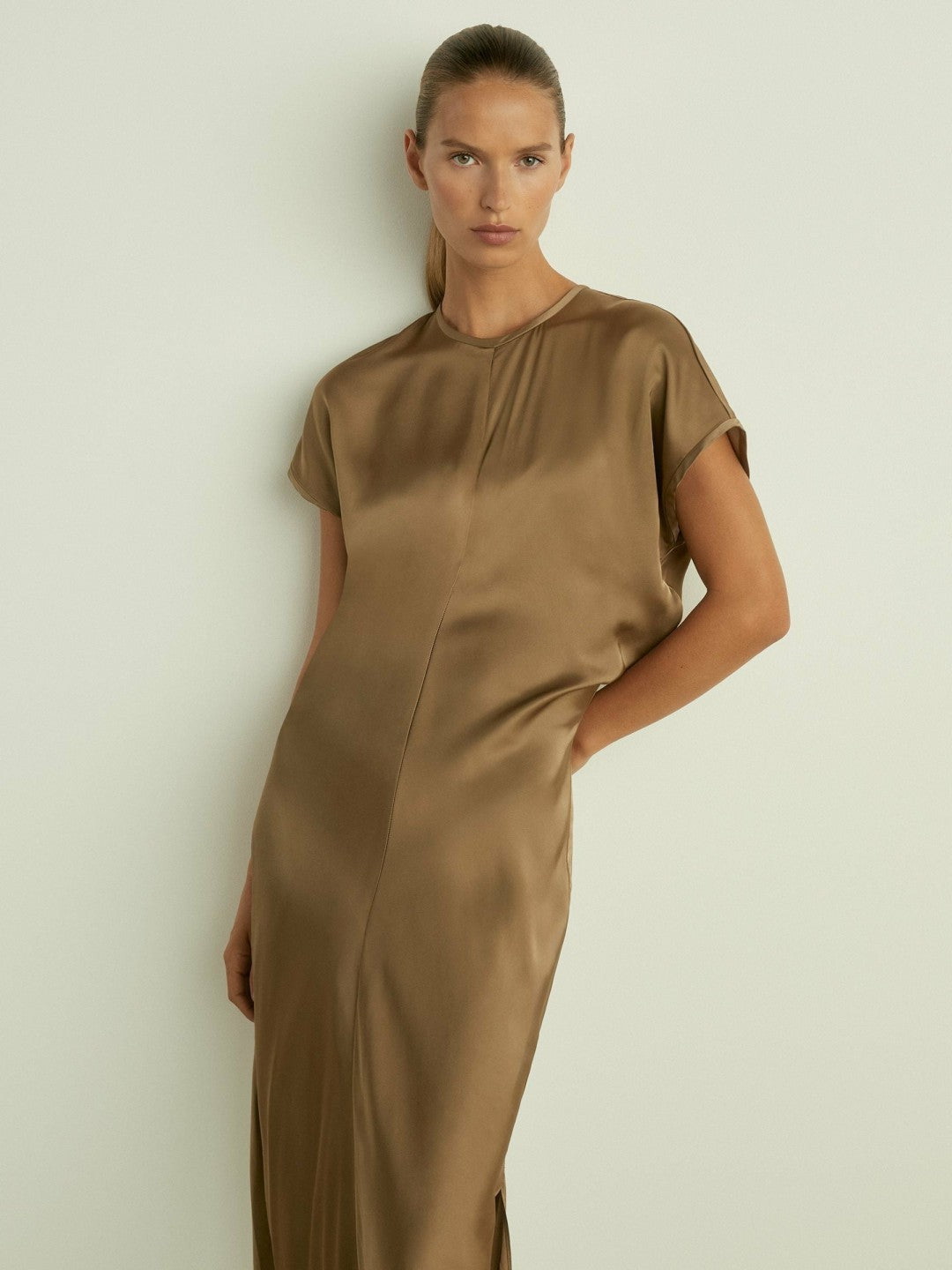 Reiss Satin Short-Sleeve Midi Dress in Khaki