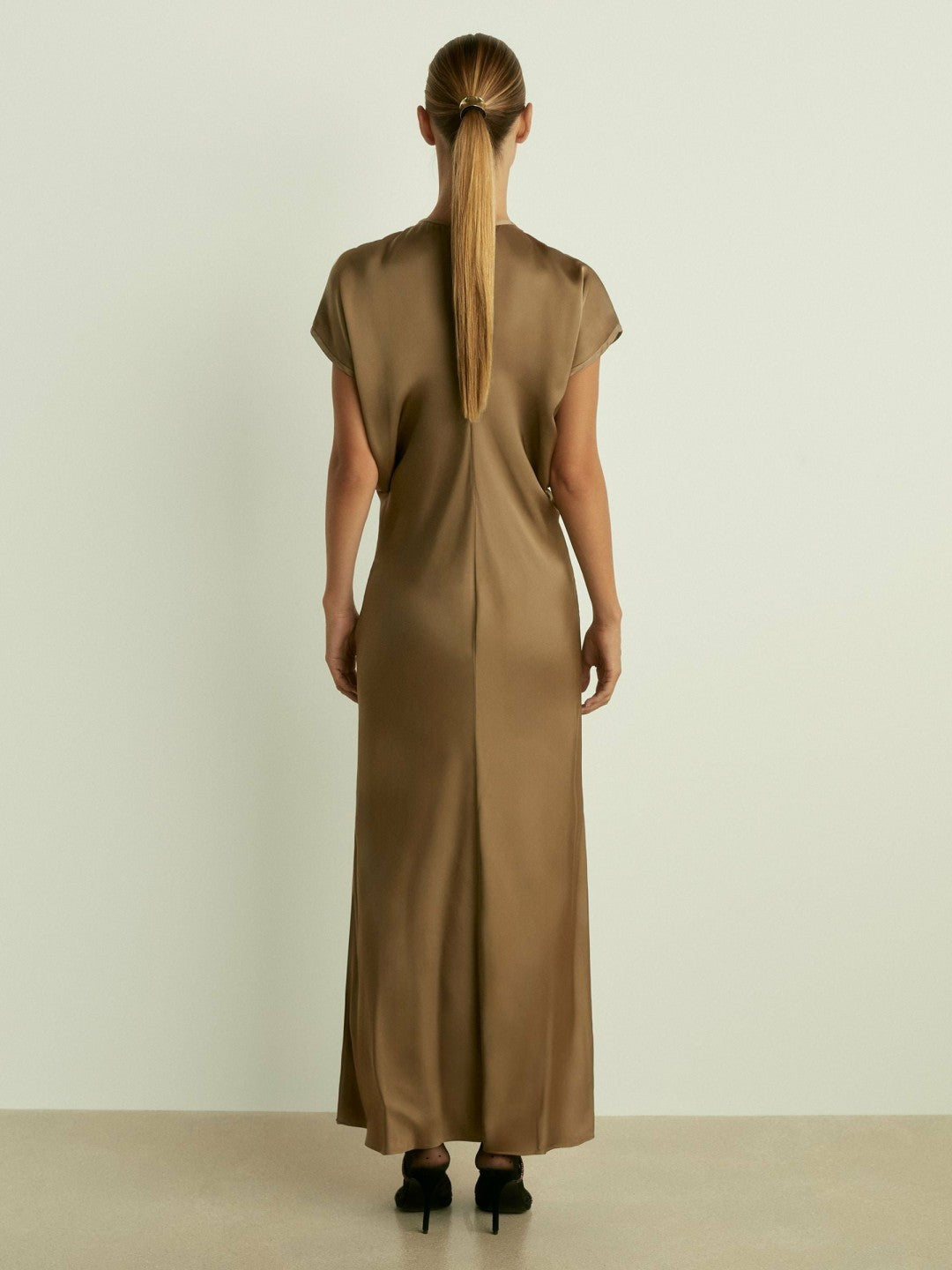 Reiss Satin Short-Sleeve Midi Dress in Khaki