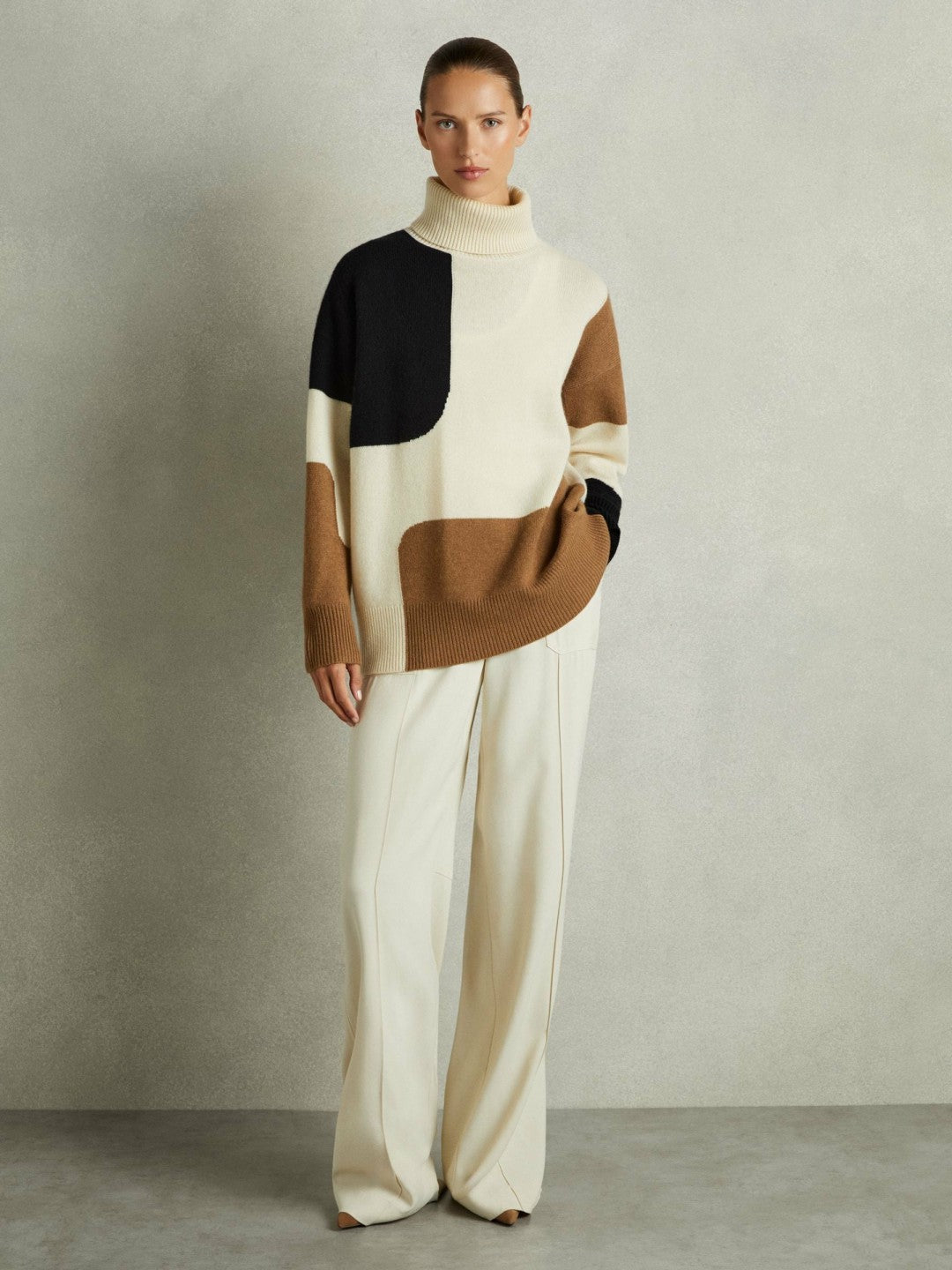 Reiss Affordable - Wool-Cashmere Colourblock-Intarsia Jumper in Cream/Brown