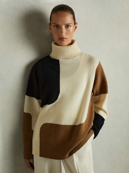 Reiss Affordable - Wool-Cashmere Colourblock-Intarsia Jumper in Cream/Brown