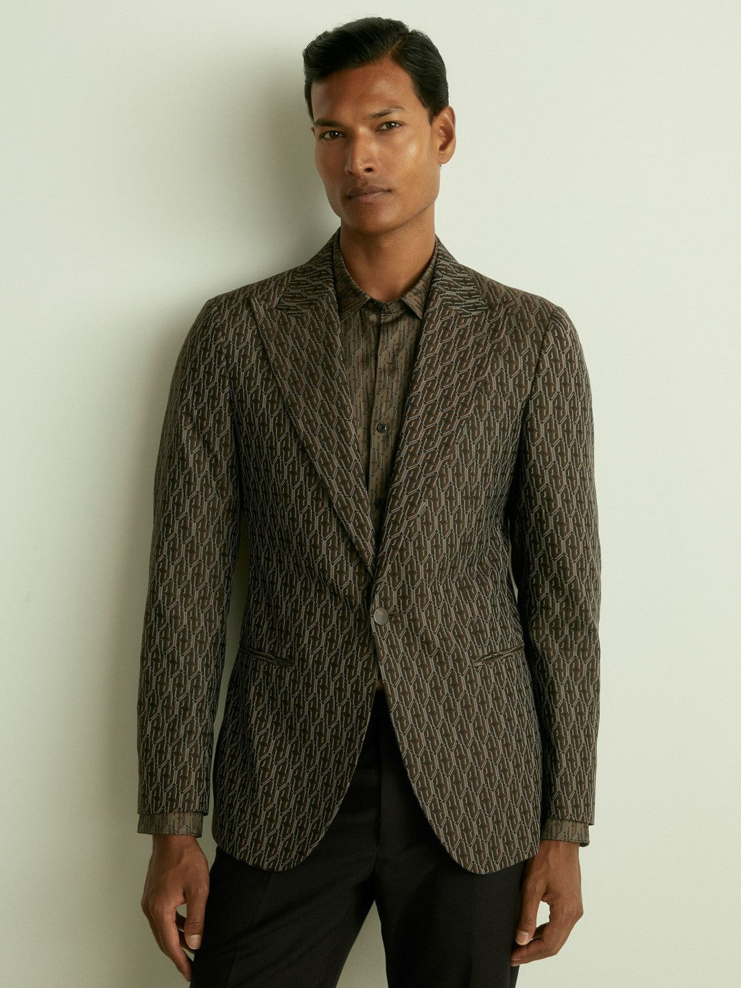 Reiss Featured - Monogram-Jacquard Twill Blazer in Chocolate Brown
