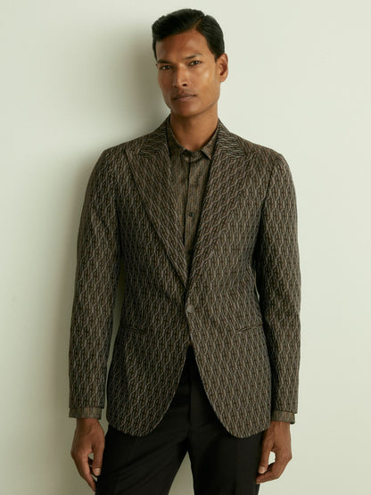 Reiss Featured - Monogram-Jacquard Twill Blazer in Chocolate Brown