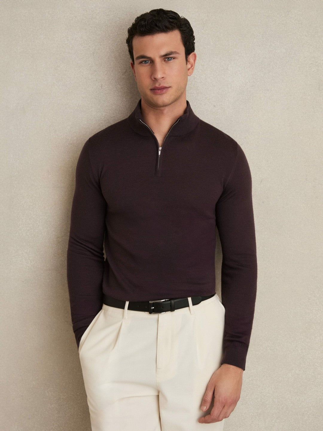 Reiss Sale - Merino Wool Half-Zip Jumper in Dark Bordeaux