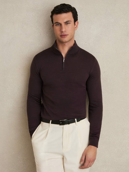 Reiss Sale - Merino Wool Half-Zip Jumper in Dark Bordeaux