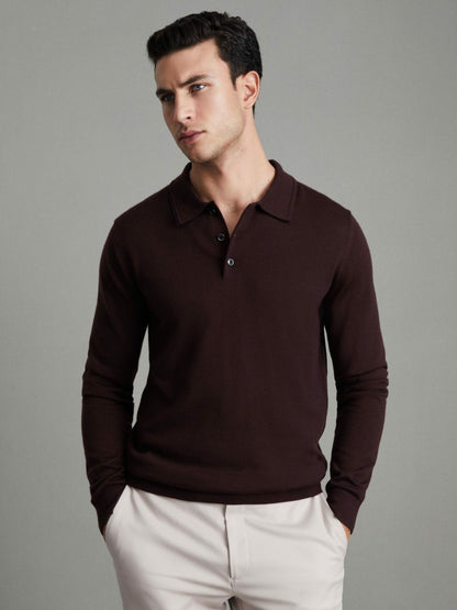 Reiss Popular Choice - Merino Wool Polo Shirt in Dark Bordeaux
