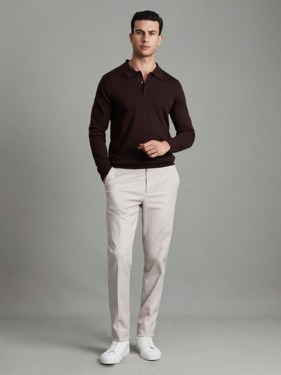 Reiss Popular Choice - Merino Wool Polo Shirt in Dark Bordeaux