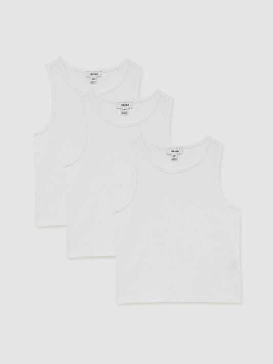 Reiss 3-9 yrs Cotton Stretch Ribbed Vest 3 Pack in White