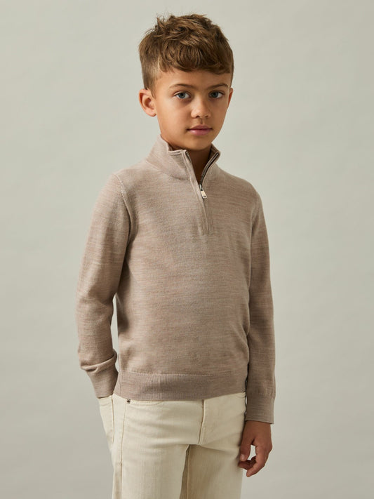 Reiss Affordable - 3-9 yrs Merino Wool Half-Zip Funnel Neck Jumper in Wheat Melange