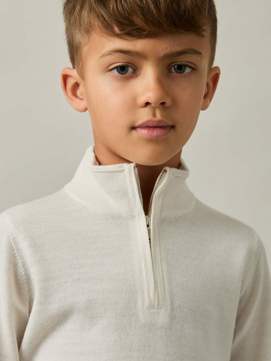 Reiss Deal - 9-13 yrs Merino Wool Half-Zip Funnel Neck Jumper in Snow