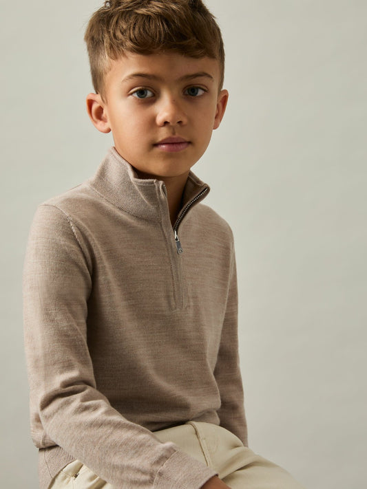 Reiss Popular Choice - 9-13 yrs Merino Wool Half-Zip Funnel Neck Jumper in Wheat Melange