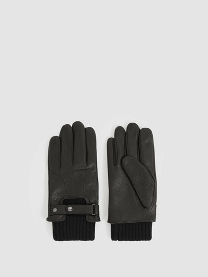 Reiss Deal - Leather Ribbed-Cuff Gloves in Black