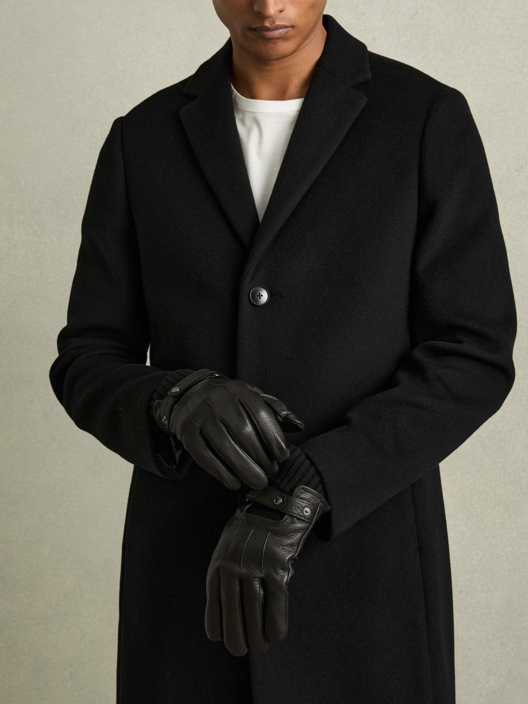 Reiss Deal - Leather Ribbed-Cuff Gloves in Black