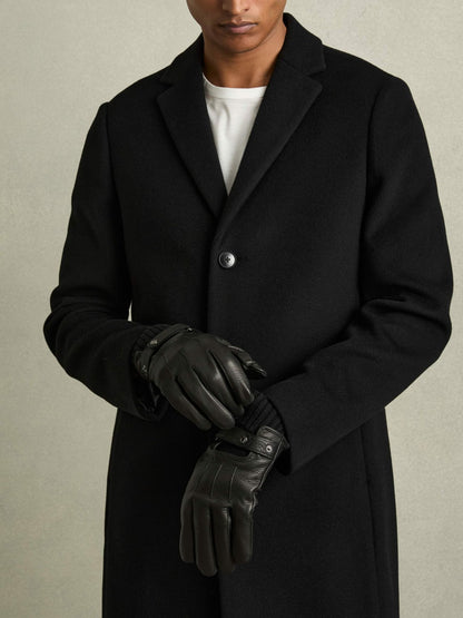 Reiss Deal - Leather Ribbed-Cuff Gloves in Black