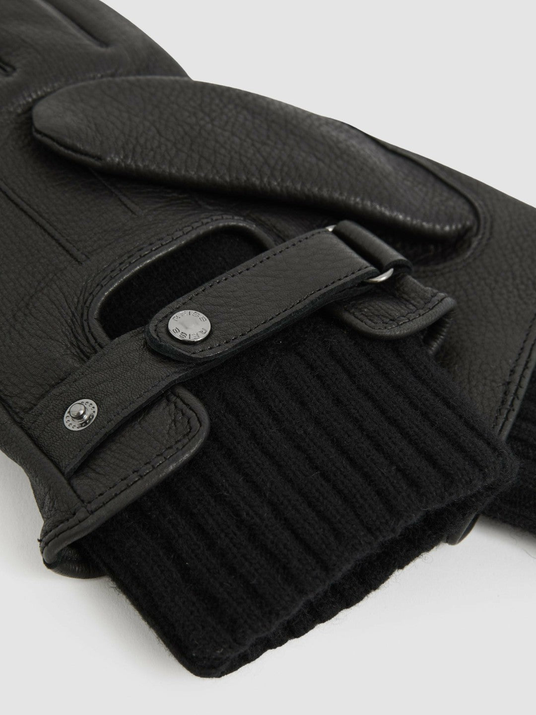 Reiss Deal - Leather Ribbed-Cuff Gloves in Black
