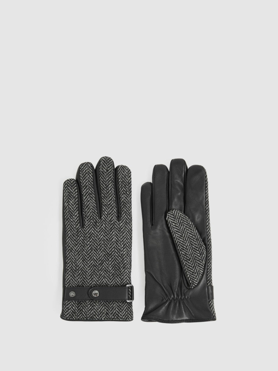 Reiss Popular Choice - Leather And Wool-Blend Herringbone Gloves in Black