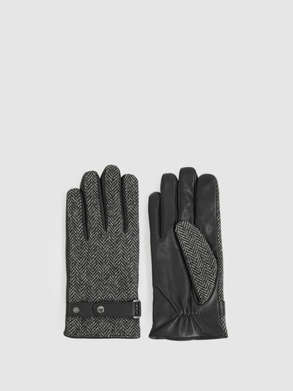 Reiss Popular Choice - Leather And Wool-Blend Herringbone Gloves in Black