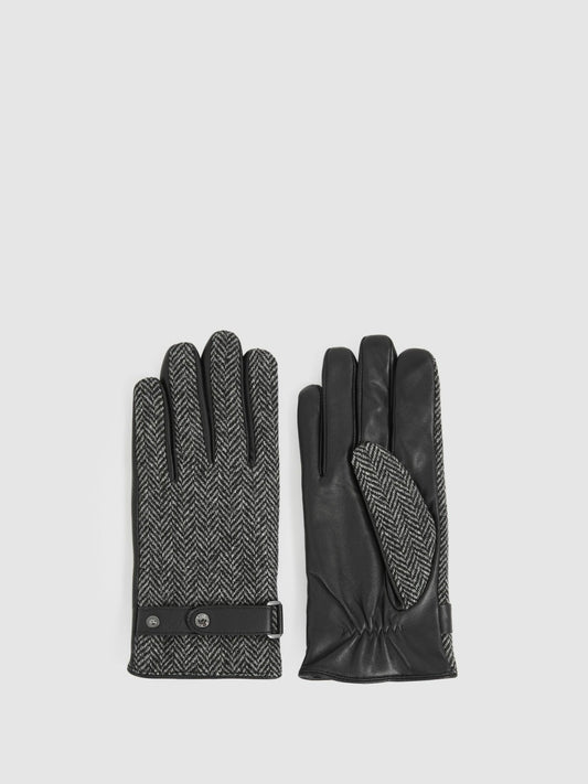 Reiss Popular Choice - Leather And Wool-Blend Herringbone Gloves in Black