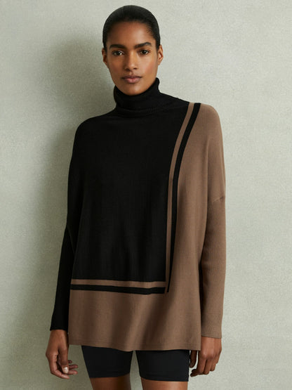 Reiss Offer - Colourblock Roll Neck Split Hem Jumper in Black/Mink