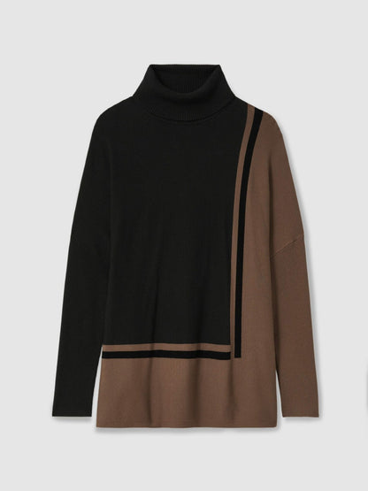 Reiss Offer - Colourblock Roll Neck Split Hem Jumper in Black/Mink