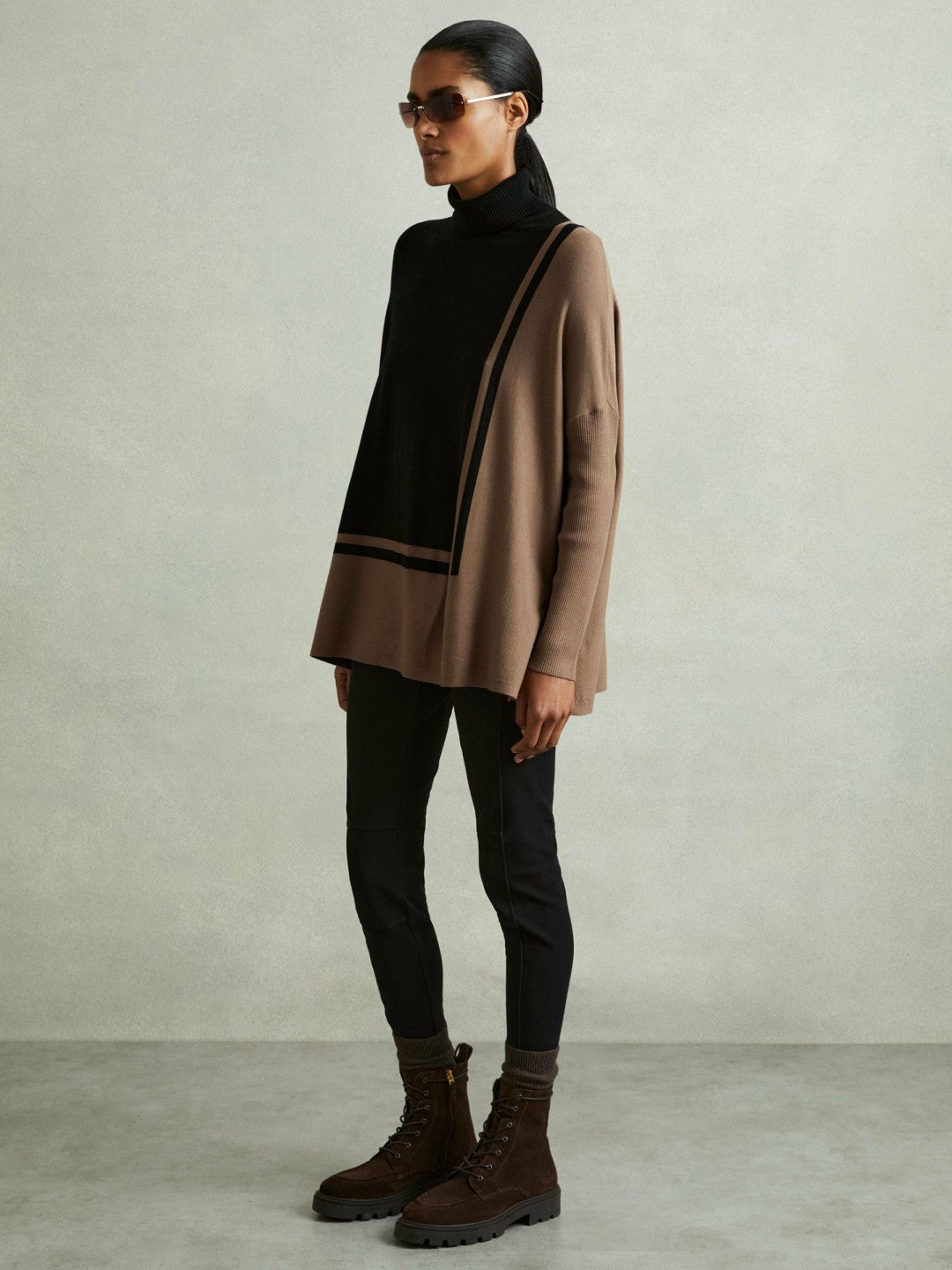 Reiss Offer - Colourblock Roll Neck Split Hem Jumper in Black/Mink
