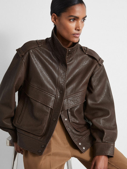 Reiss Offer - Atelier Grained Leather Jacket in Chocolate