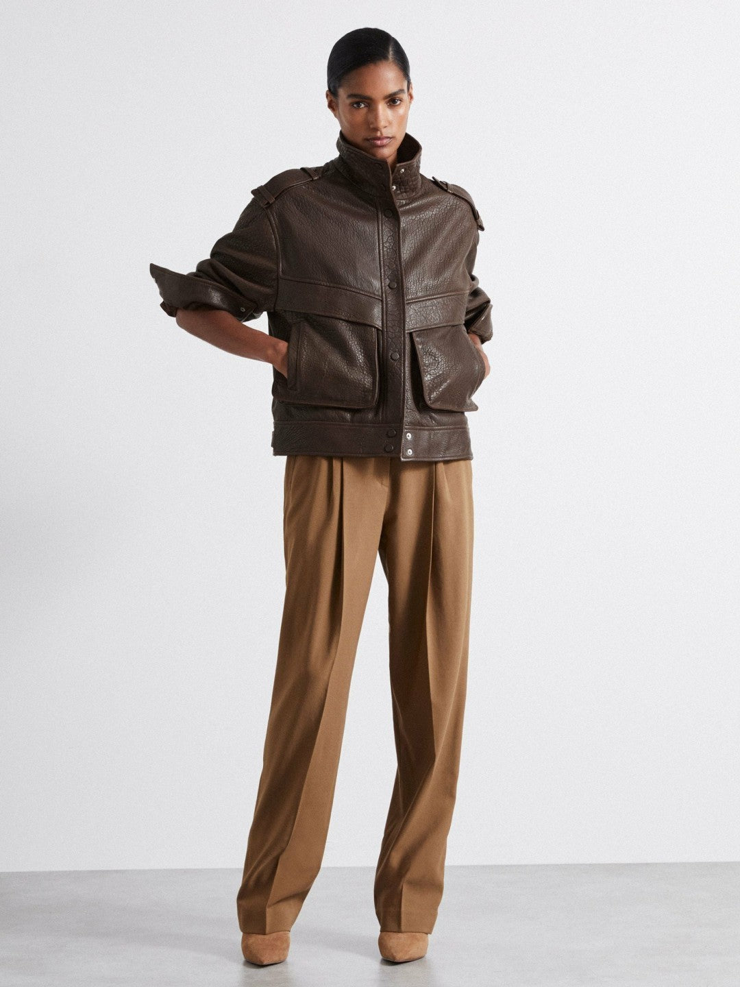 Reiss Offer - Atelier Grained Leather Jacket in Chocolate
