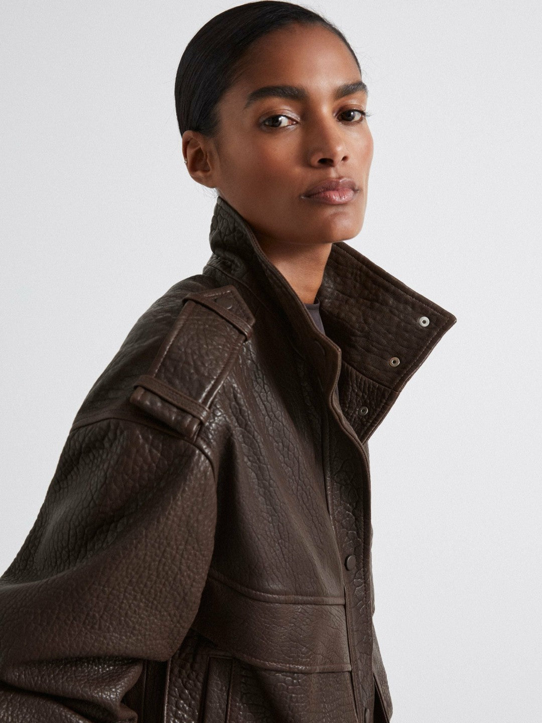 Reiss Offer - Atelier Grained Leather Jacket in Chocolate